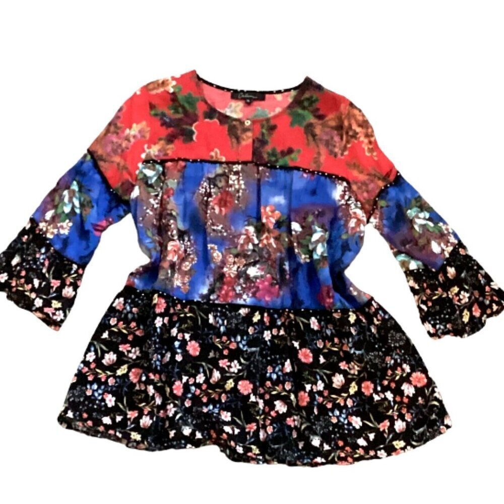 Calessa BOHO Colorful Floral Mixed Media Tiered Tunic Top Bell Sleeve XL #97N‎